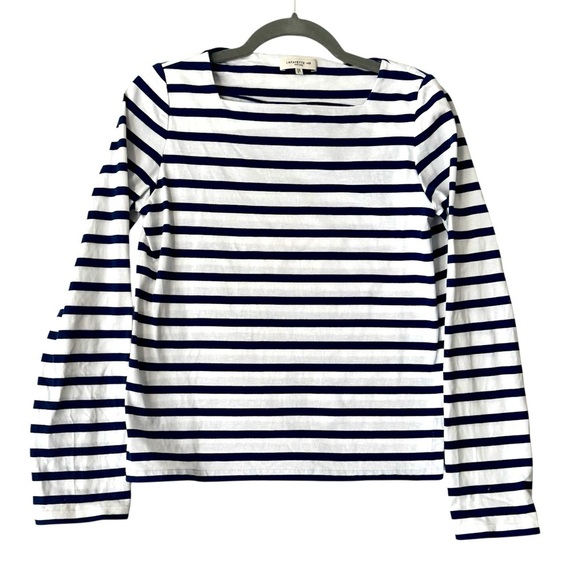 Lafayette 148 boat neck long sleeve navy white striped nautical cotton top Sz XS - Picture 4 of 5